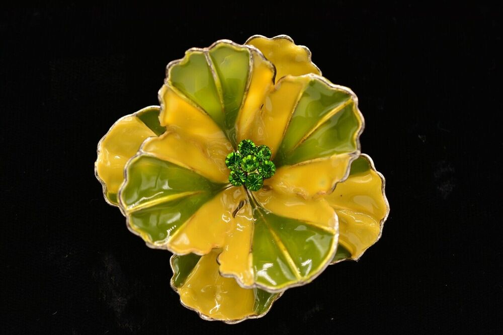 Best Vintage Flower Pin Brooch Green Enamel Rhinestone Large Chunky Signed BinAH